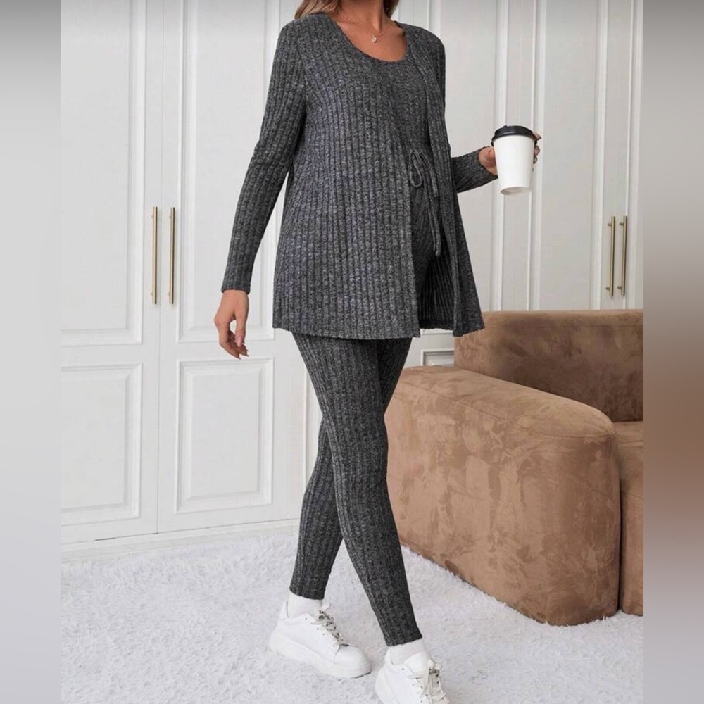 Maternity Ribbed Knit Jumpsuit with Matching Cardigan - Picture 4 of 5